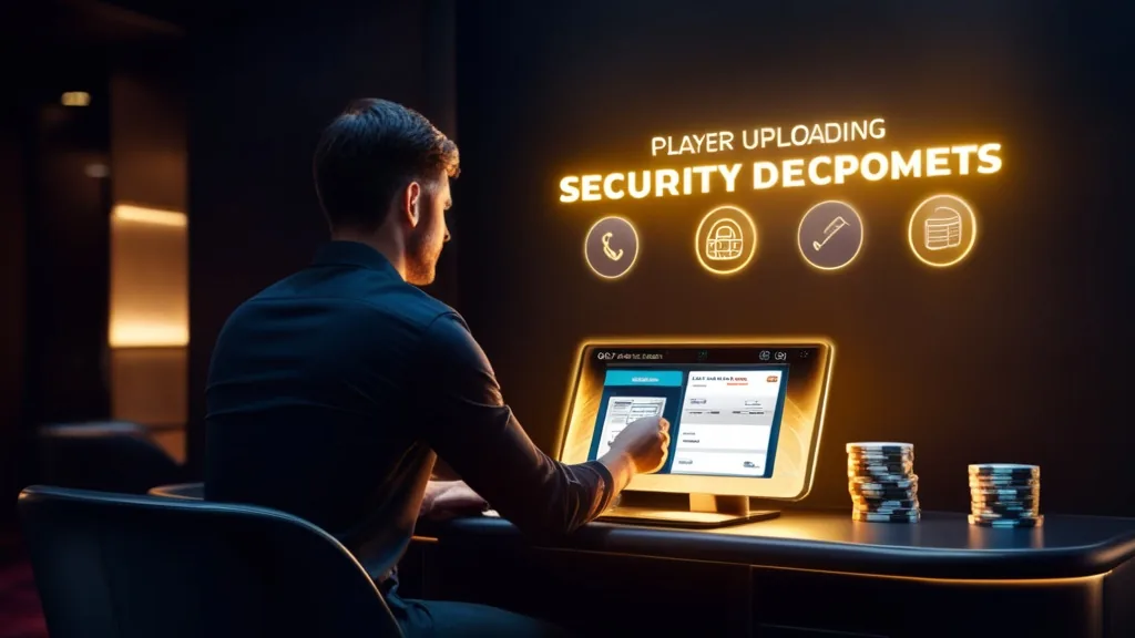 Casino verification screen with ID documents and security check icons