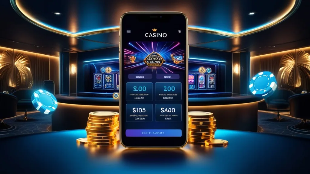 Smartphone showing a sleek casino mobile lobby in a dark neon setting