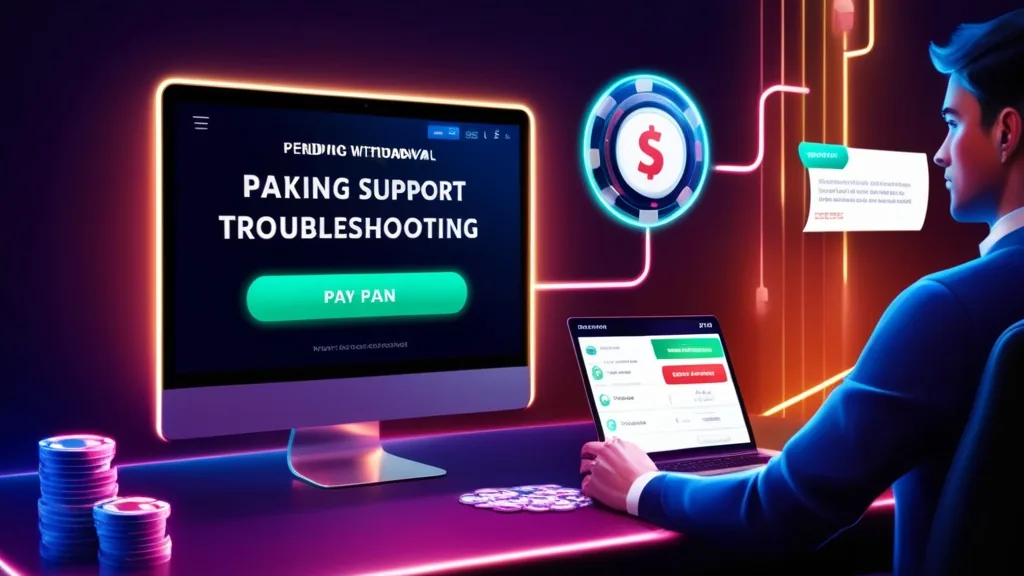Pending withdrawal alert on a casino cashier screen with payment troubleshooting icons