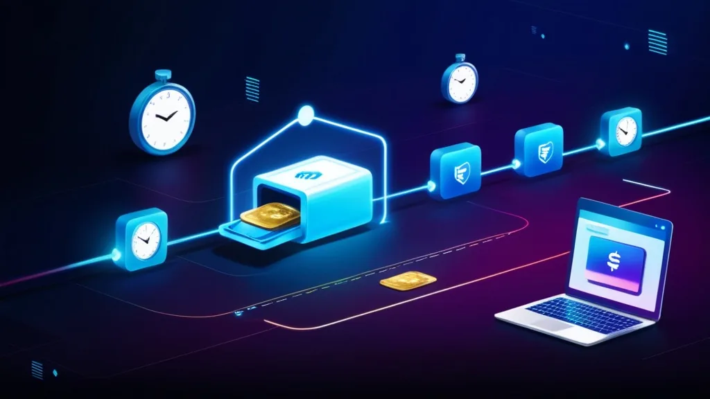 Withdrawal request moving through a payment timeline with clocks and approval icons