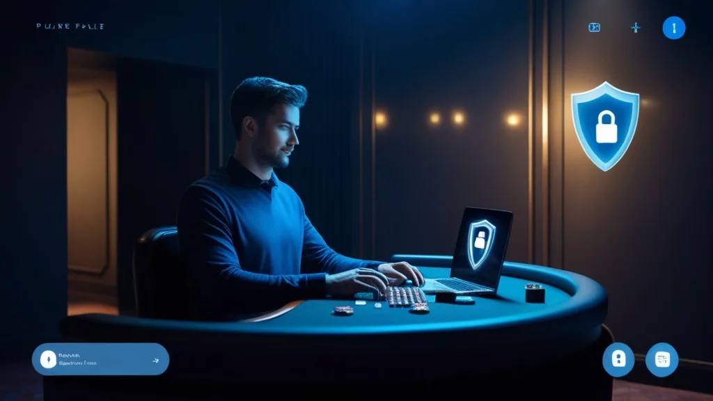 Secure casino login session with privacy and device protection icons