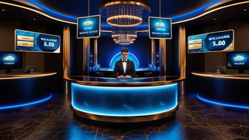 New player viewing a welcome bonus display inside a dark casino setting